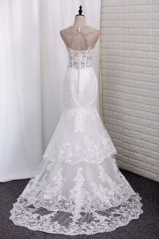 2024 Mermaid Wedding Dresses Tulle Spaghetti Straps With Applique Court