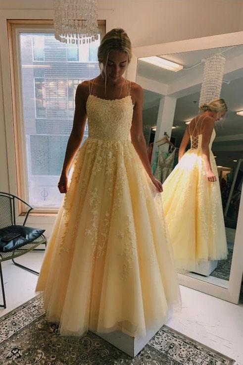A Line Yellow Tulle Prom Dresses with Lace Appliques, Criss Cross Straps Formal Dresses STC15047