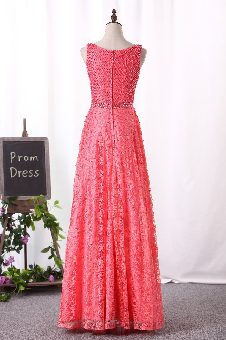 A Line Lace Prom Dresses Scoop With Beading Sweep