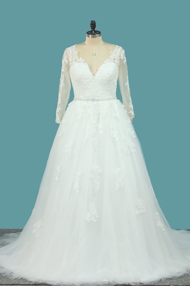 2024 A Line Tulle V Neck Long Sleeves Wedding Dresses With Applique And Beads Sweep