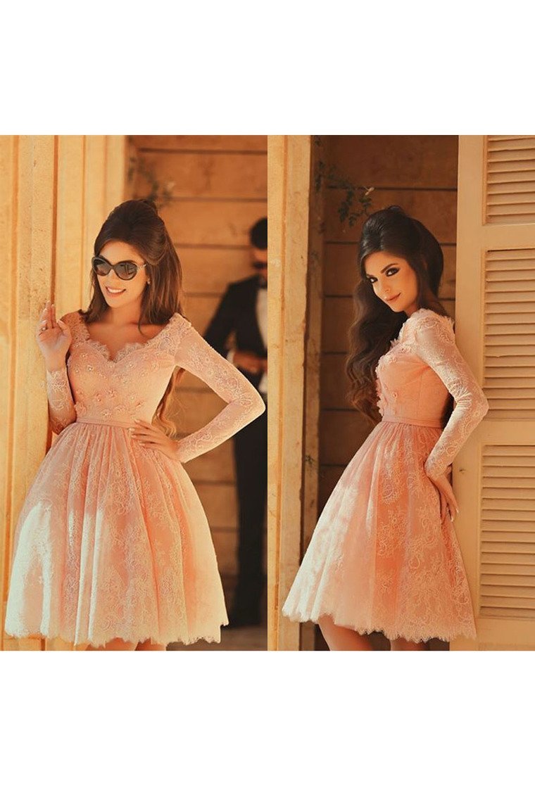 2024 Lace Homecoming Dresses A Line V Neck Long Sleeves With Handmade