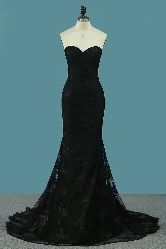 2024 New Arrival Black Mermaid Lace Prom Dresses Sweetheart With Sweep