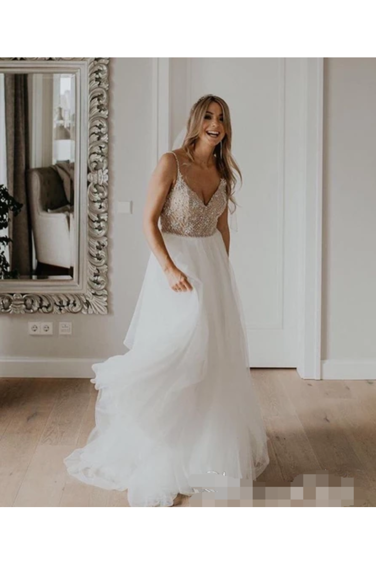 Rhinestones Spahetti Straps Full Beaded Bodice Wedding Dress With Sequin Tulle Wedding