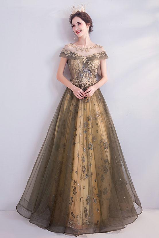 Elegant Round Neck Sequins Tulle Appliques Prom Dresses with Short Sleeves, Dance Dresses STC15197