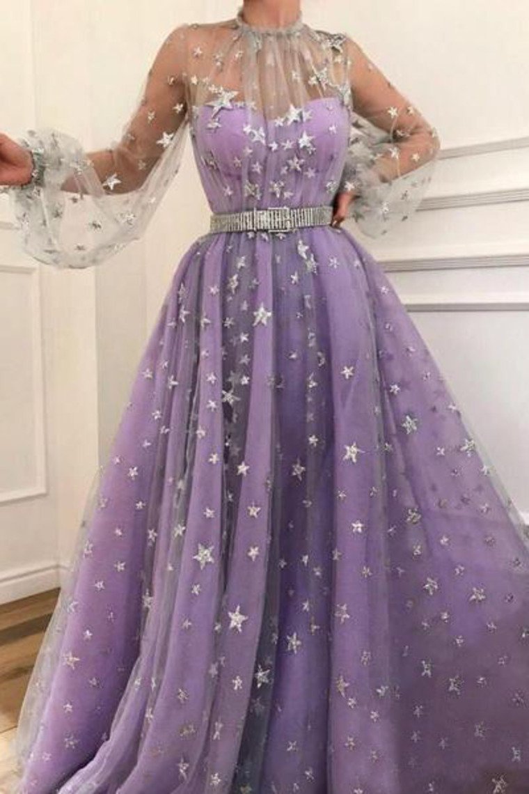 Prom Dress Long Sleeve Satin Lace A-Line Floor Length With