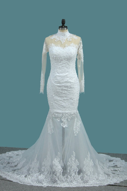 Mermaid Wedding Dresses High Neck Long Sleeves Tulle With Applique And