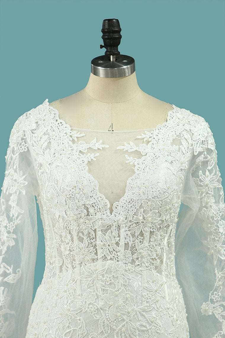 2024 Elegant Mermaid Wedding Dresses Scoop Tulle With Appliques Long Sleeves Zipper