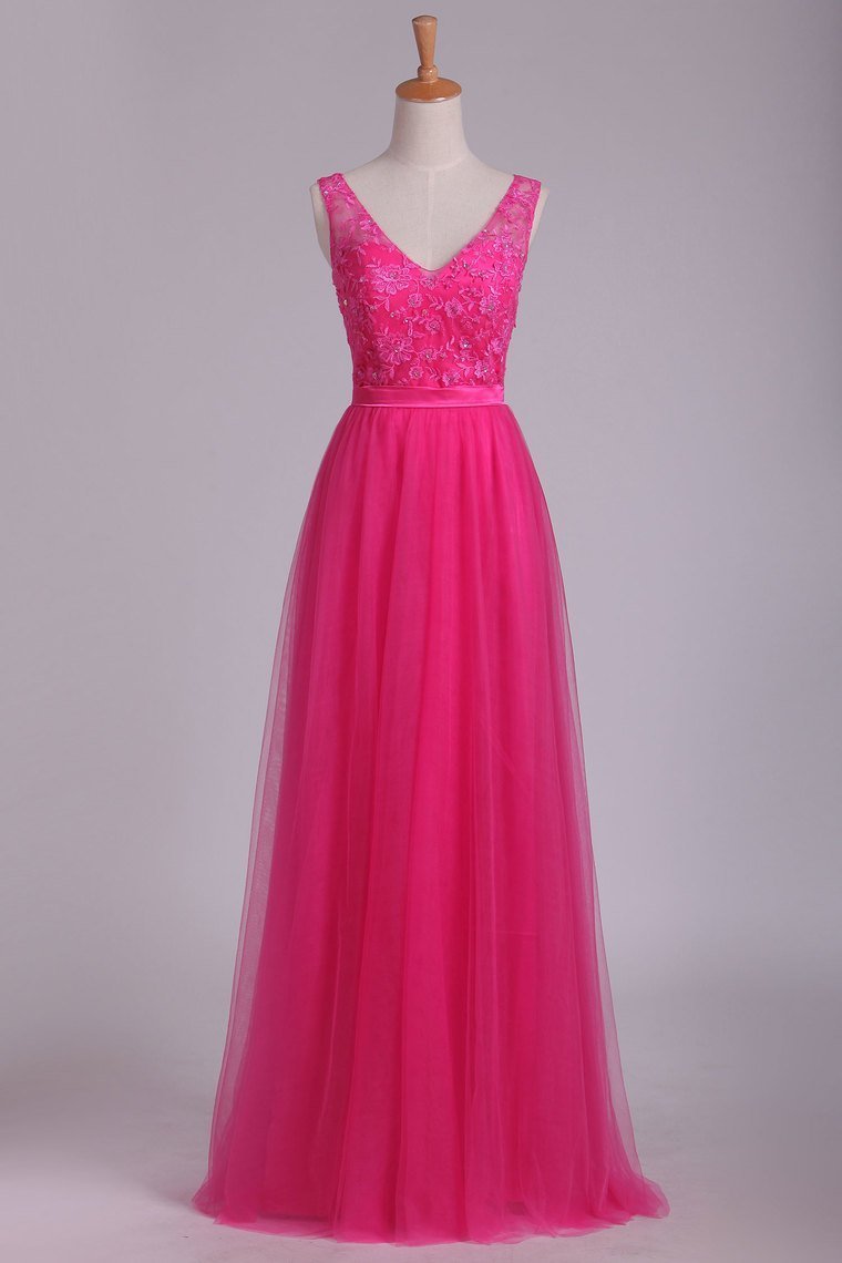 Bridesmaid Dresses V Neck A Line With Embroidery And Sash Tulle