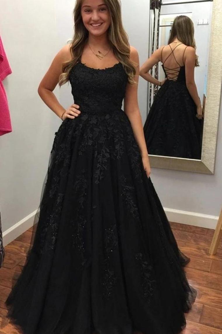Spaghetti Straps Floor Length Prom Dress With Appliques, Long Evening Dress Lace Up