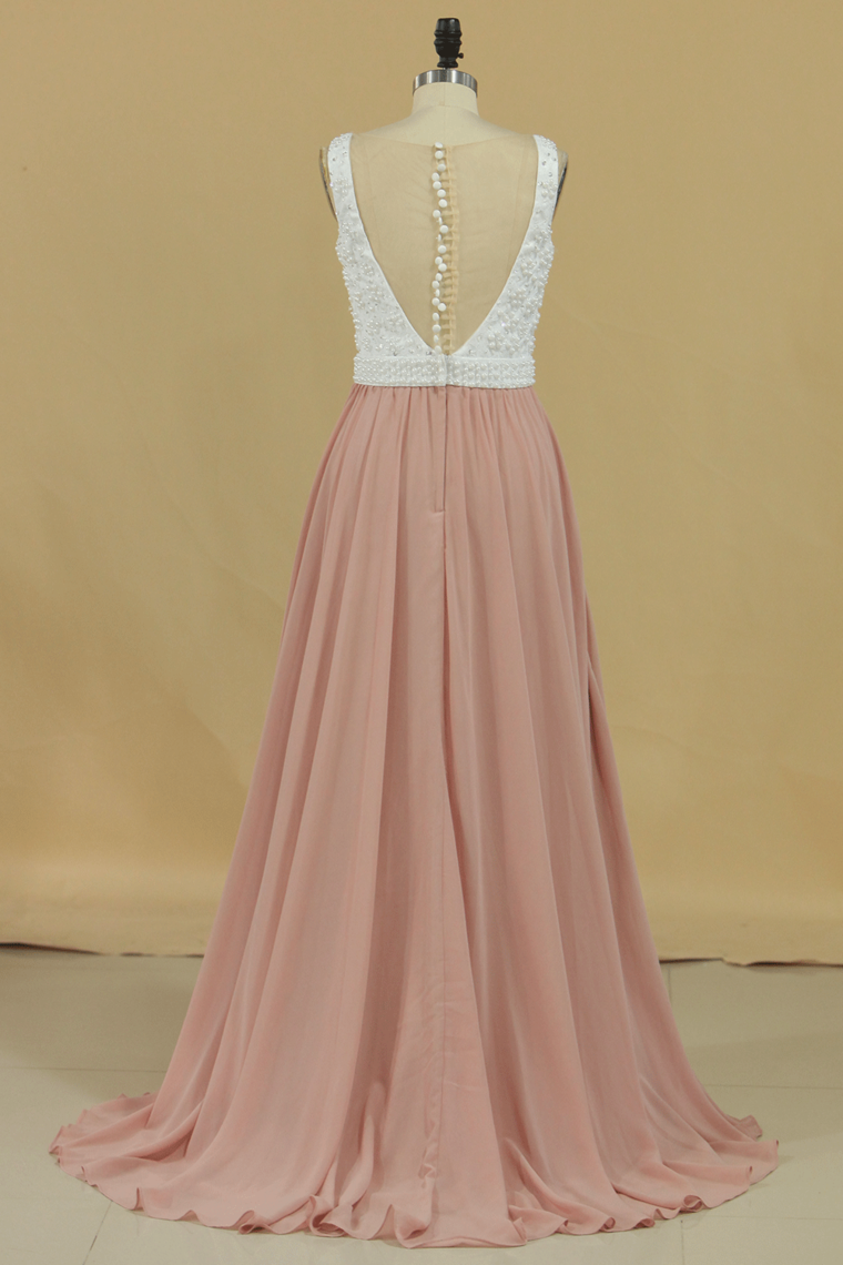 Scoop Prom Dresses A Line Chiffon With Beading Sweep