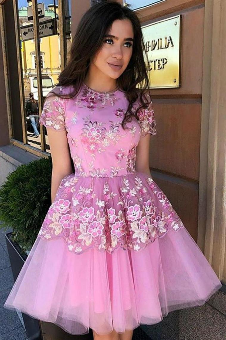 Homecoming Dresses Tulle Short Sleeves A Line Charming Scoop