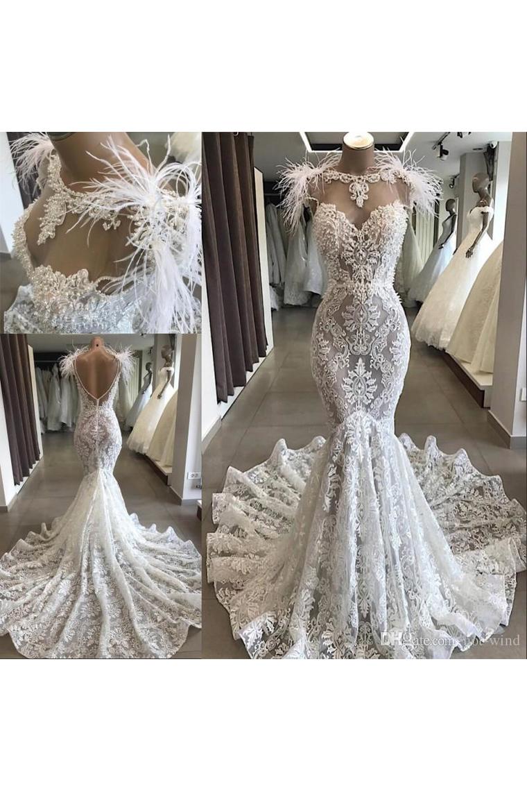 Luxury Lace Mermaid Wedding Dress With Train Sexy Open Back Pearls Wedding STCPE5AS8YA
