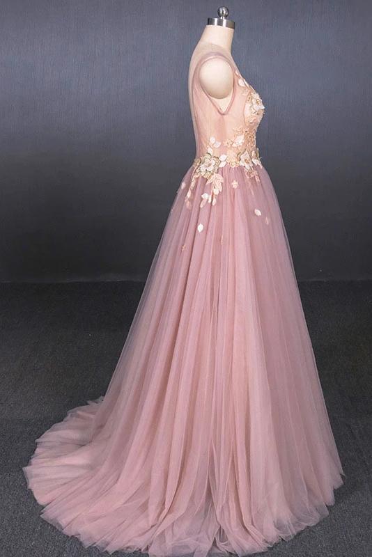 Elegant Pink V Neck Sleeveless Tulle Prom Dress with Appliques, A Line Tulle Evening Dresses STC15191