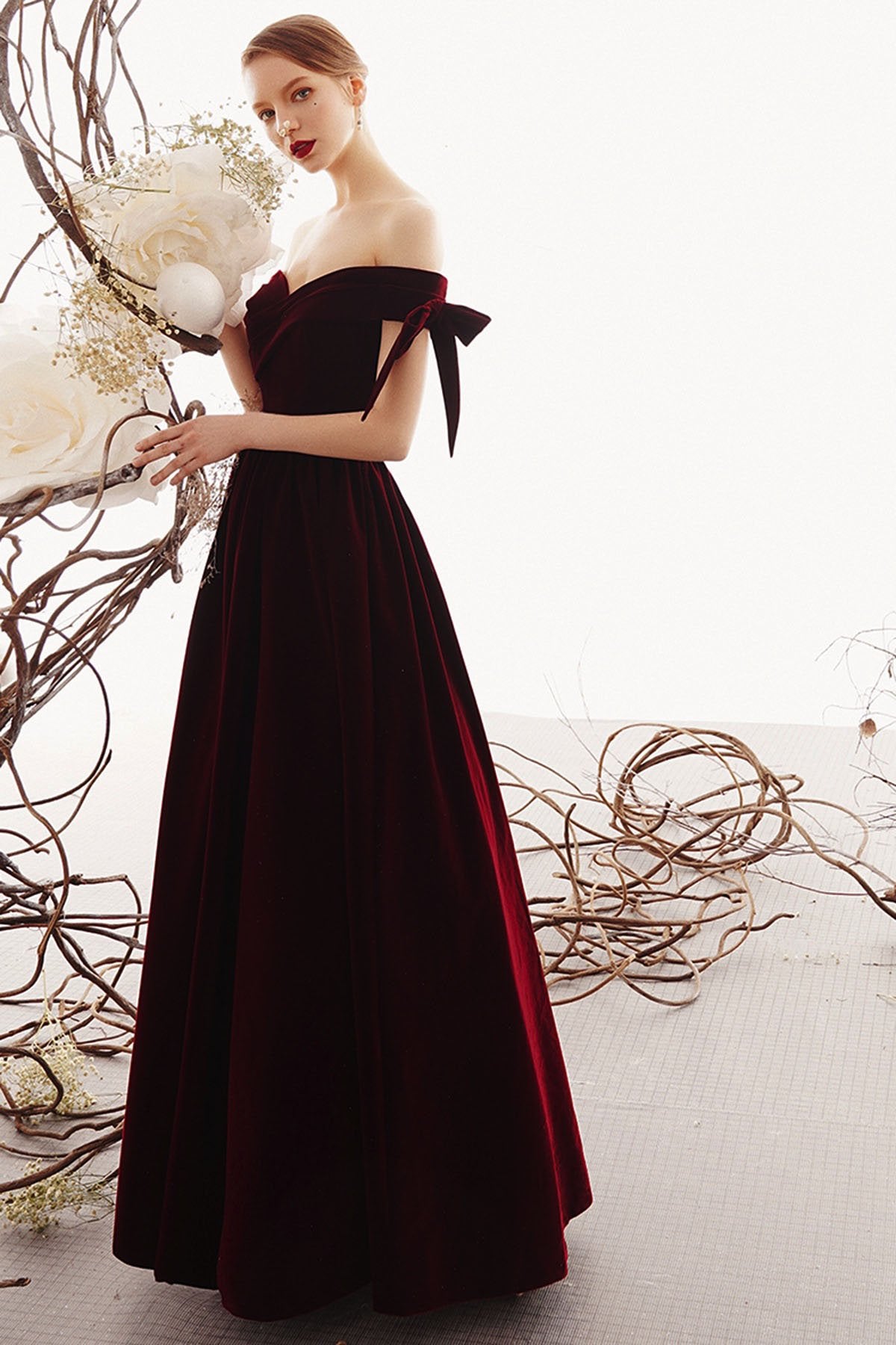 Charming A Line Long Off the Shoulder Burgundy V Neck Prom Dresses with Sweetheart STC15089