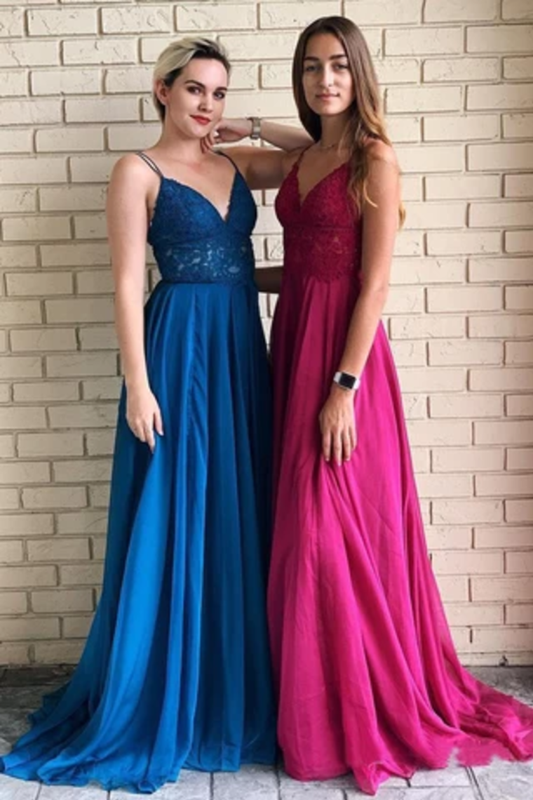 Spaghetti Straps A-Line Long Cheap Prom Dresses With Lace