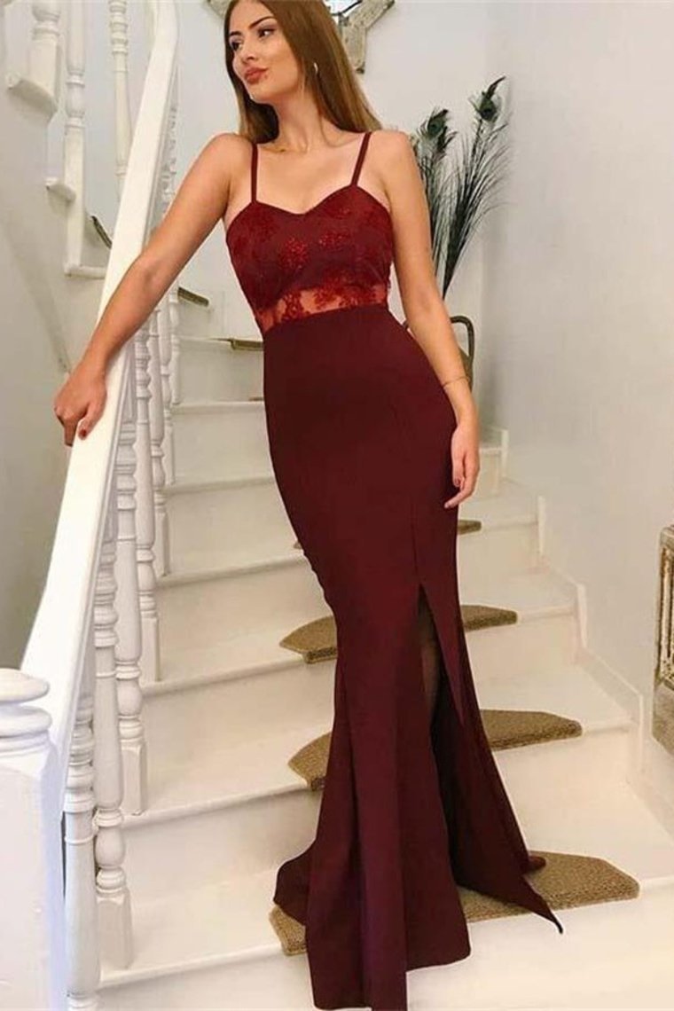 Sexy Spaghetti Straps Burgundy Front Split Long Simple Prom