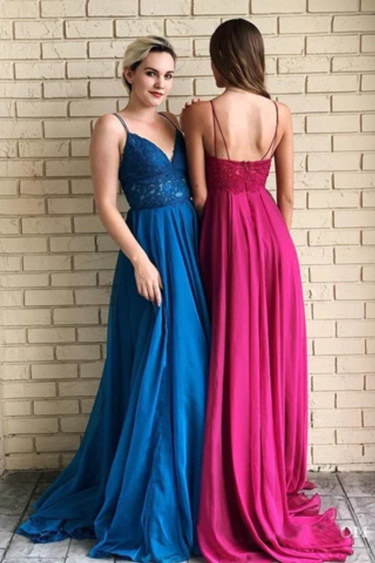 Spaghetti Straps A-Line Long Cheap Prom Dresses With Lace