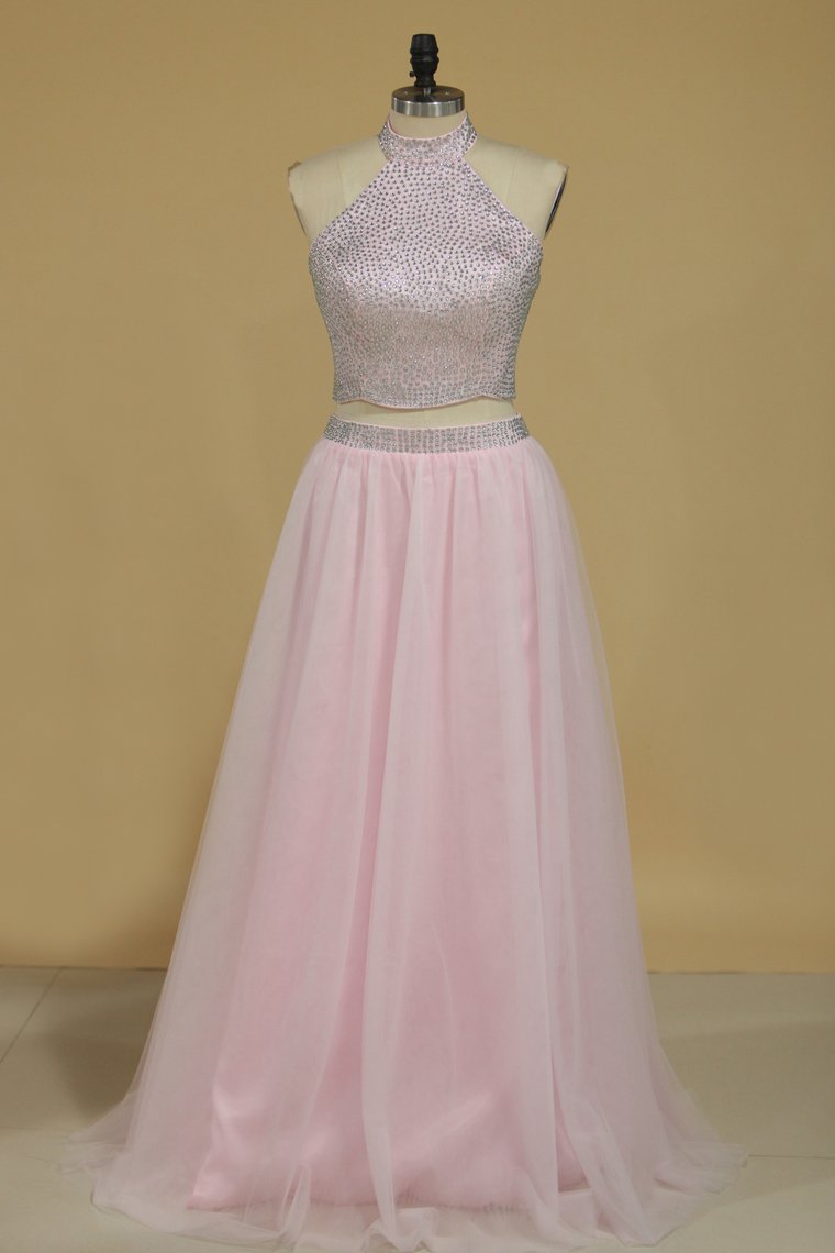 Two-Piece High Neck Beaded Bodice Tulle A Line Prom