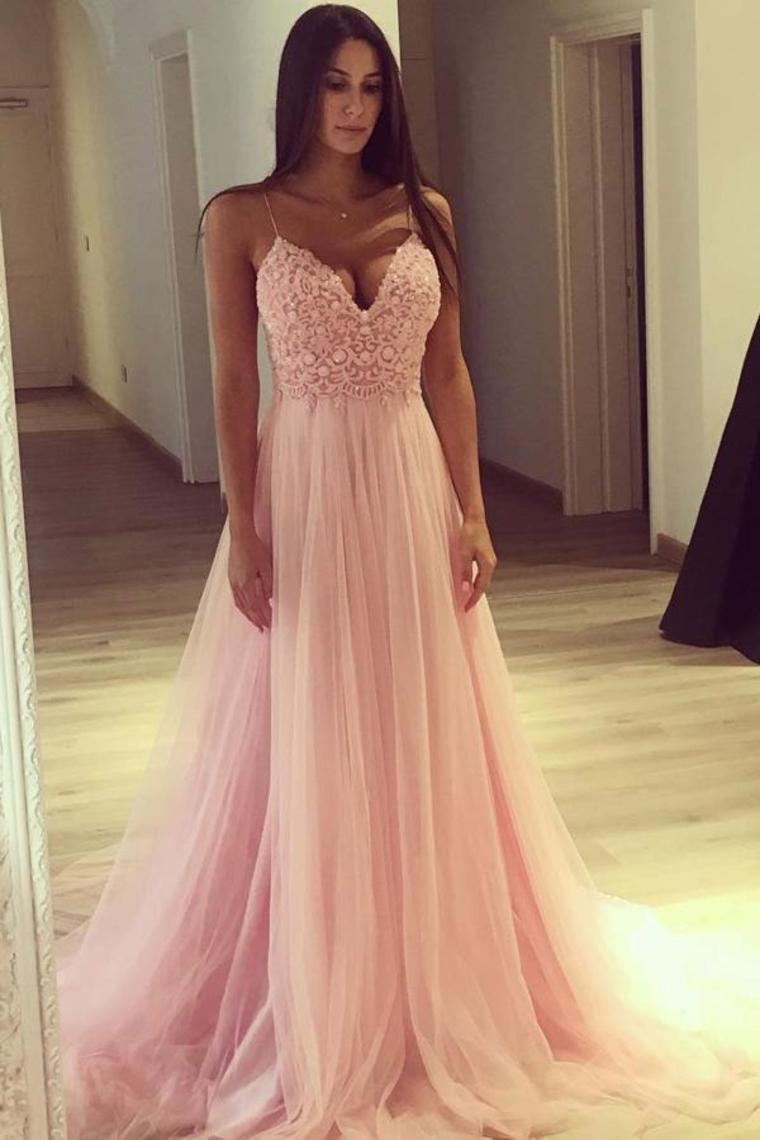 Spaghetti Straps Long A-Line Pink Lace Tulle Elegant Prom Dresses Party
