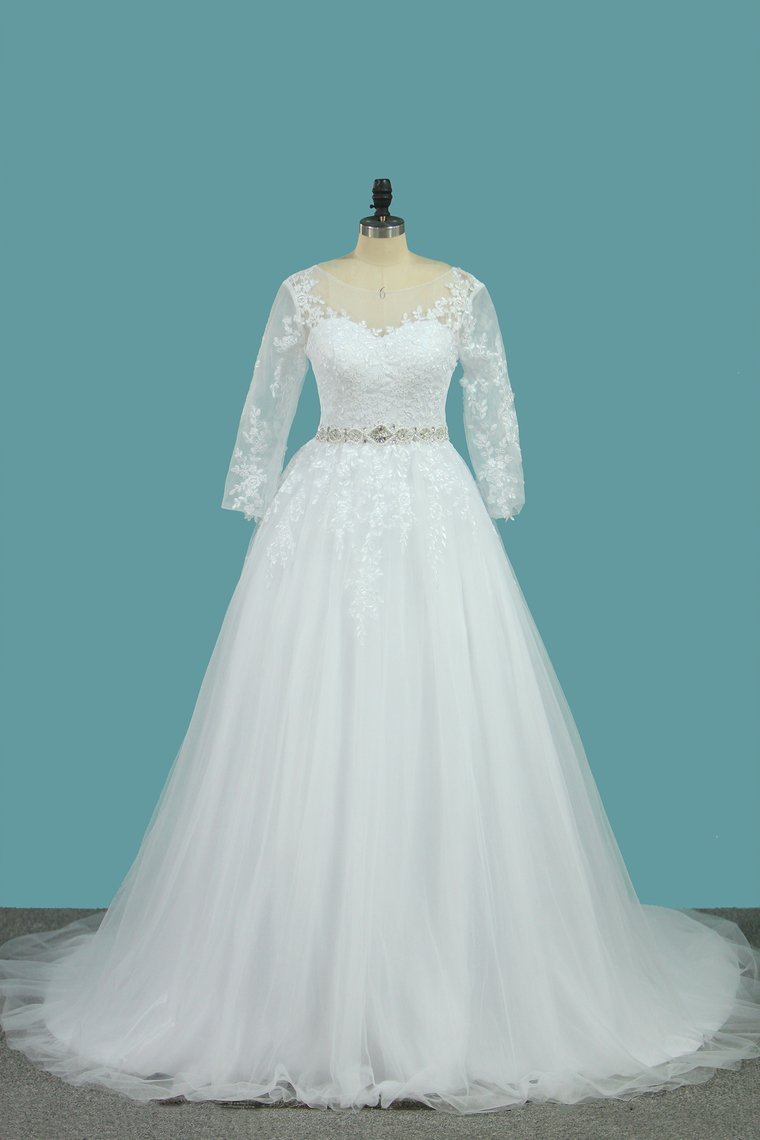 2024 Bateau Wedding Dresses Tulle A Line With Applique And Beads Court