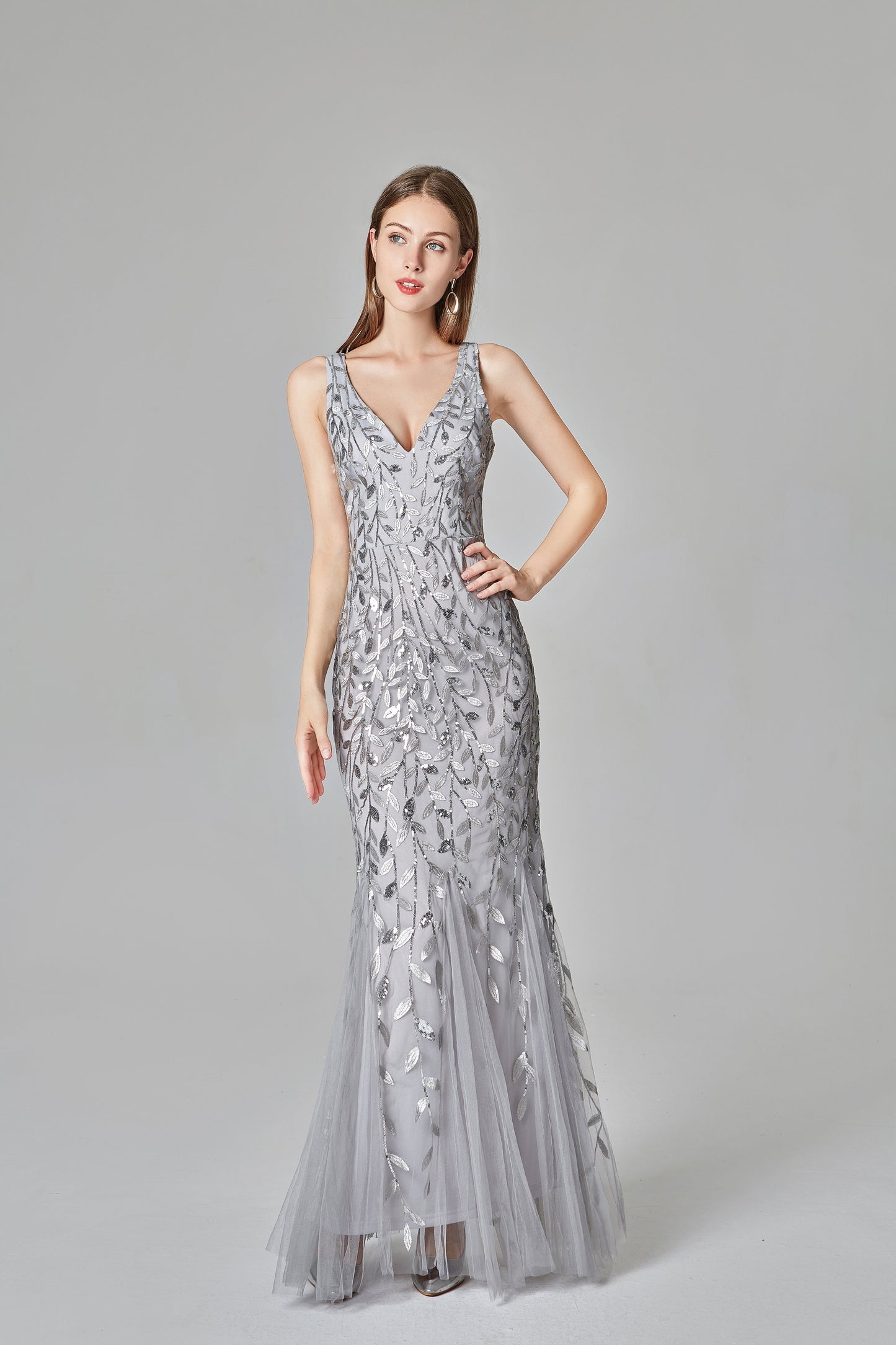 Sexy V Neck Silver Mermaid Prom Dresses, Embroidered Sequins Long Evening Dresses STC15368