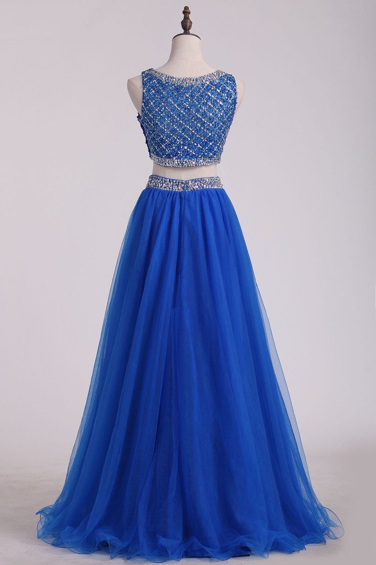 Two Pieces Bateau Prom Dress Beaded Bodice A Line Tulle Floor