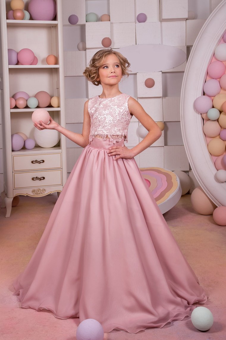2024 Two-Piece Scoop Chiffon & Lace A Line Flower Girl Dresses Sweep