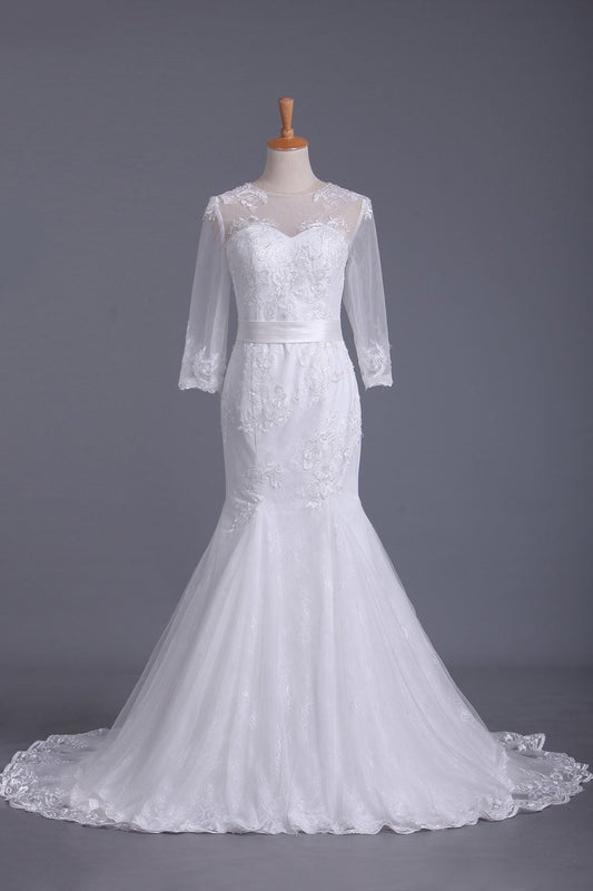2024 Scoop 3/4 Length Sleeve Mermaid Wedding Dress Tulle With Sash Court