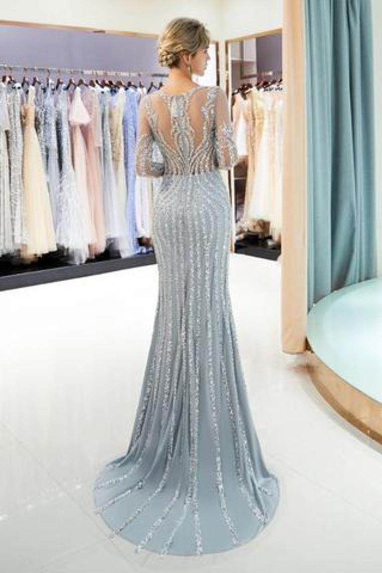Beaded Evening Dresses Luxury Mermaid Crystal Sweep Train Long Sleeves Prom