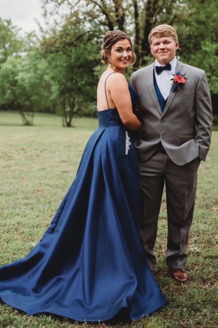 Straps A-Line Beaded Navy Blue Prom Dress With