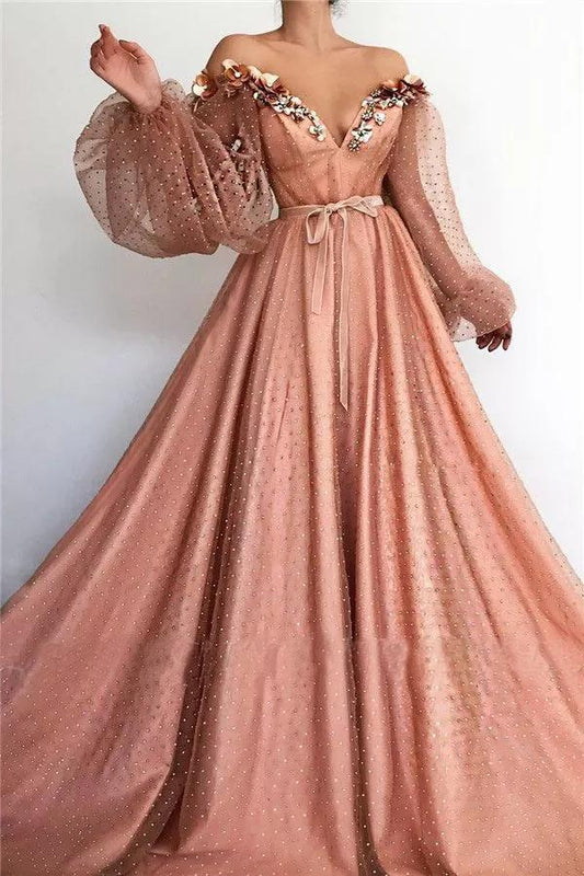 Stunning Long Sleeve Sexy Off the Shoulder Tulle Beading Prom Dresses V Neck Party Dresses STC15436
