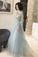 Elegant Long Sleeves Appliqued Tulle Prom Dresses, Floor Length Appliques Evening Dresses STC15175