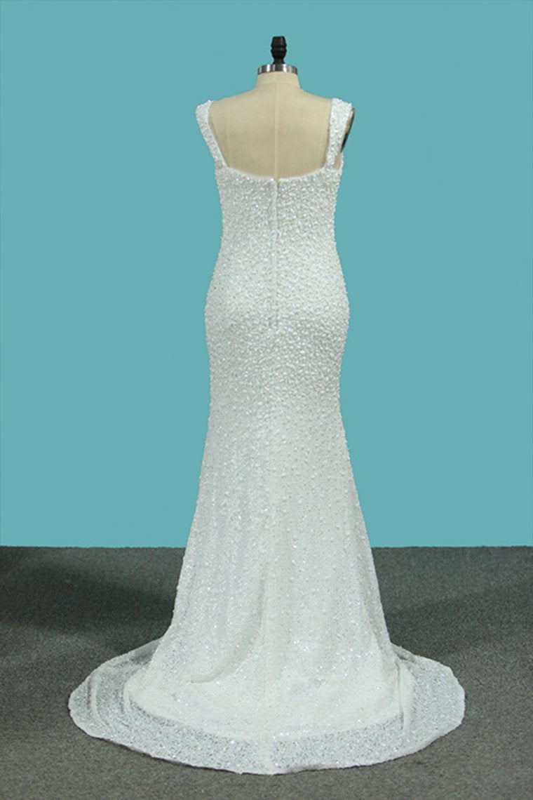New Arrival Mermaid Straps Wedding Dresses Lace & Chiffon With Beads Court