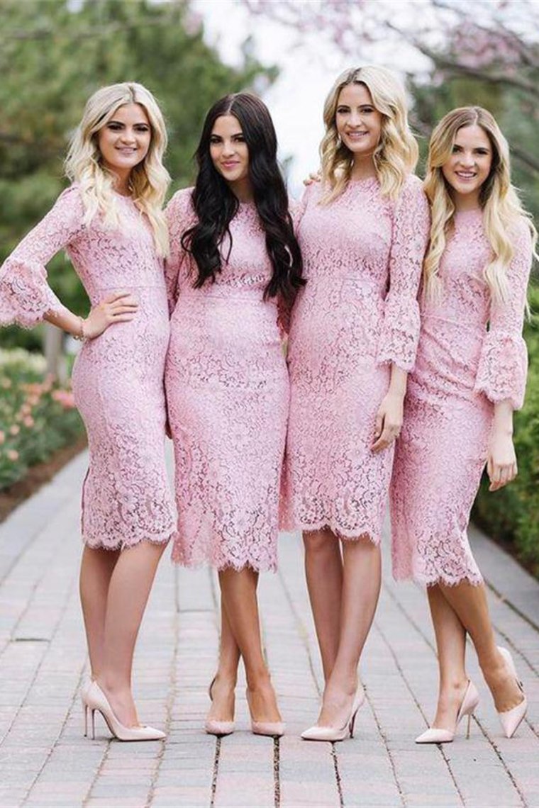 Sheath Tea Length Pink Lace Simple Elegant Bridesmaid Dresses With