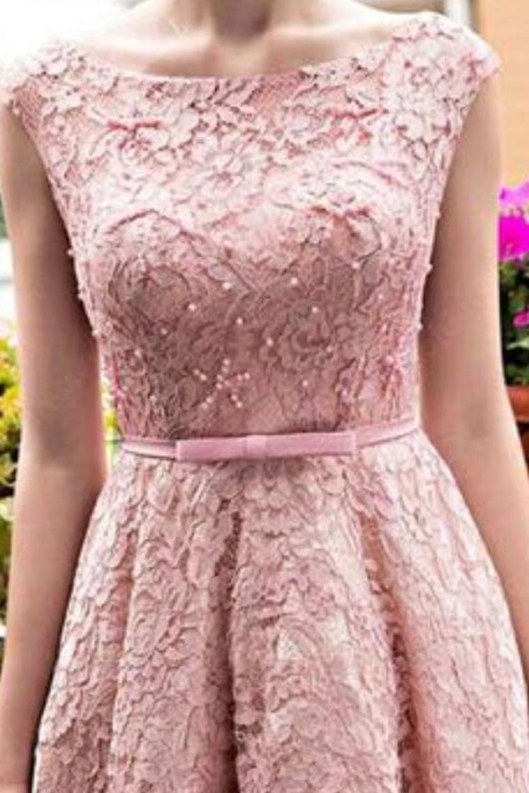 2024 Bateau A-Line Lace Prom Dresses Tea Length With Applique And