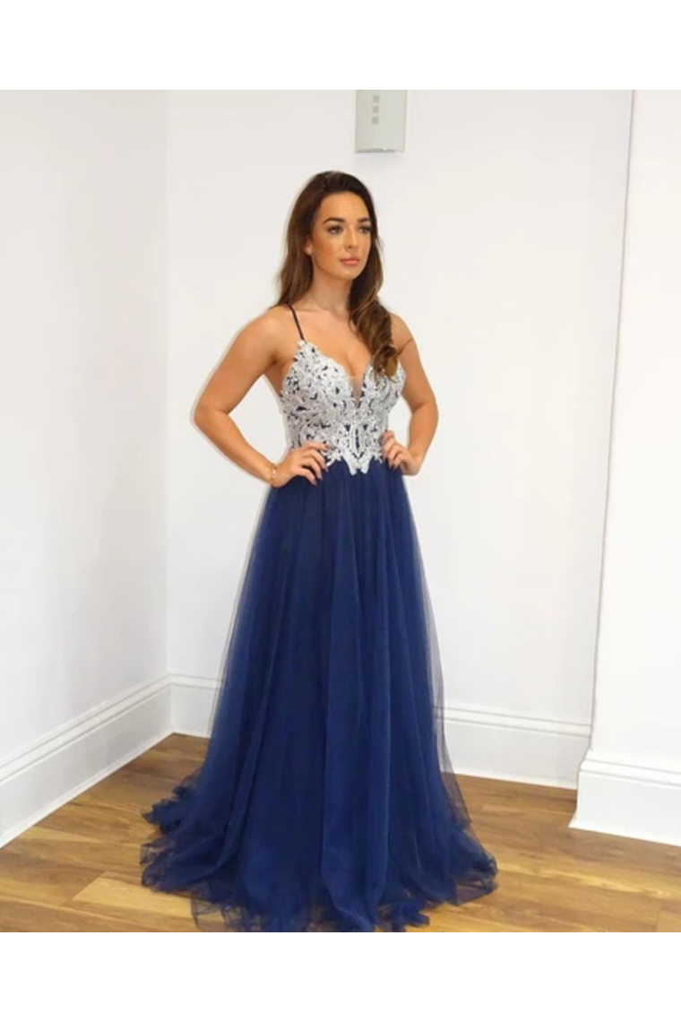 A Line Navy Blue Tulle Prom Dresses Spaghetti Back Crossed Straps Prom