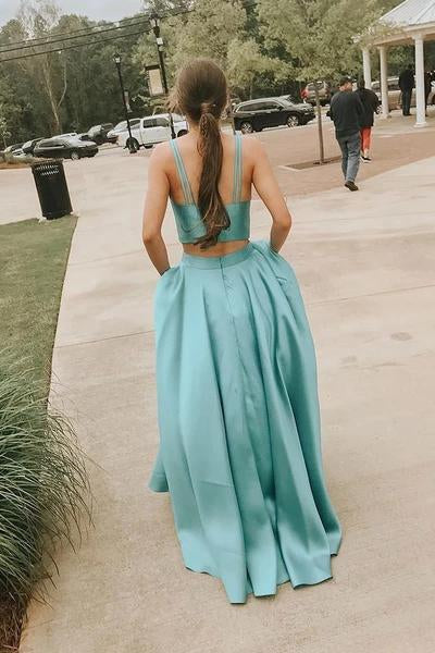 Simple A Line Two Pieces V Neck Satin Green Prom Dresses, Cheap Formal Dress STC15598