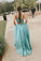 Simple A Line Two Pieces V Neck Satin Green Prom Dresses, Cheap Formal Dress STC15598