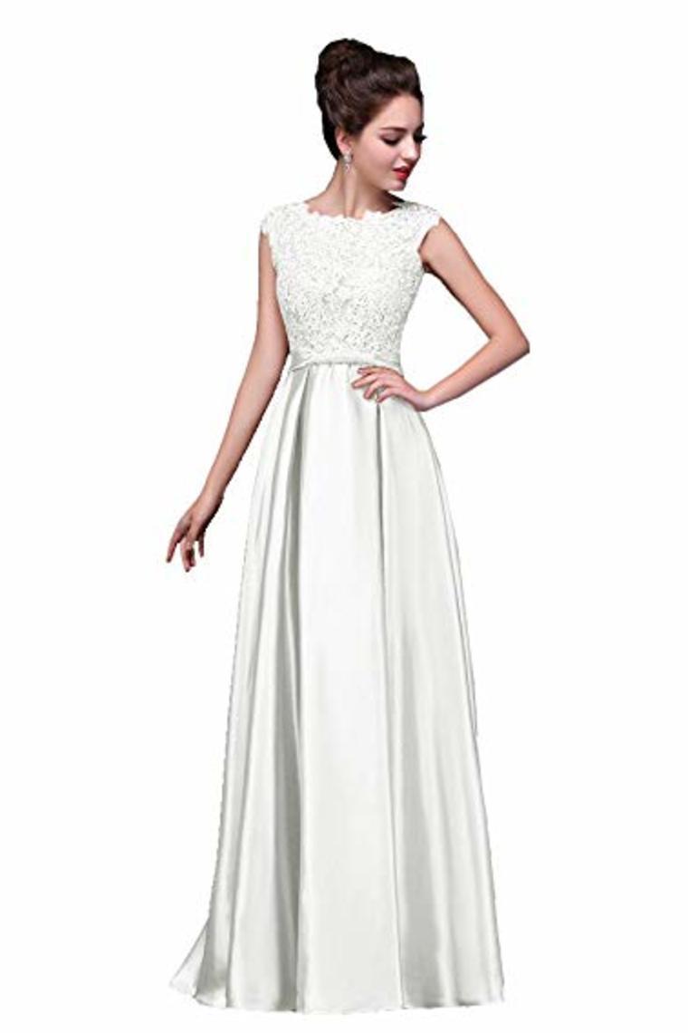 Elegant A-Line Applique Round Neck Lace Satin Ball Gown Evening Prom