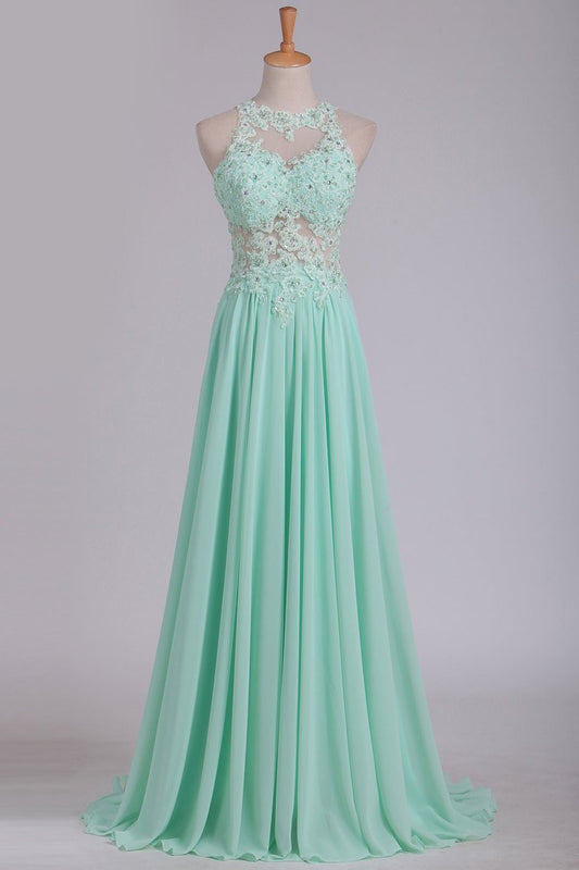 See-Through Scoop A Line Chiffon Prom Dresses With Applique Floor