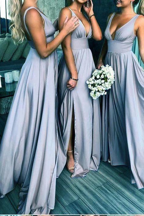 Elegant A Line V Neck Blue Straps Bridesmaid Dresses Wedding Party STC15641