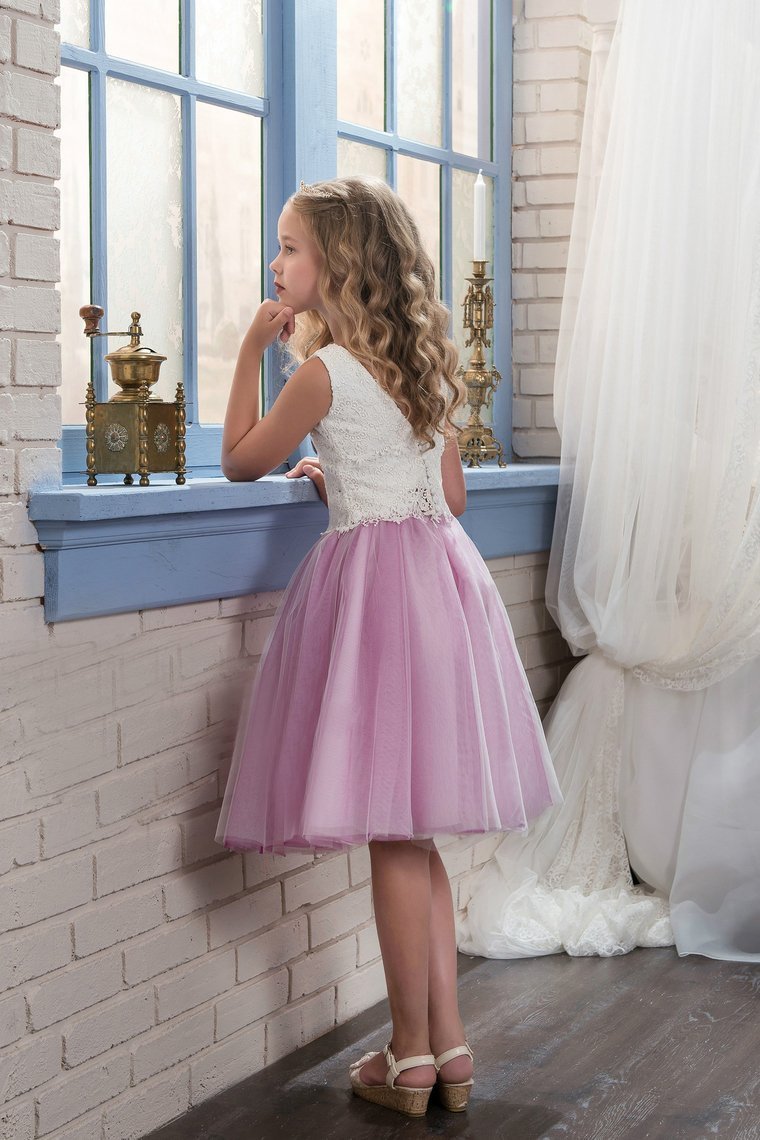 2024 Bicolor Scoop Tulle & Lace A Line Knee Length Flower Girl