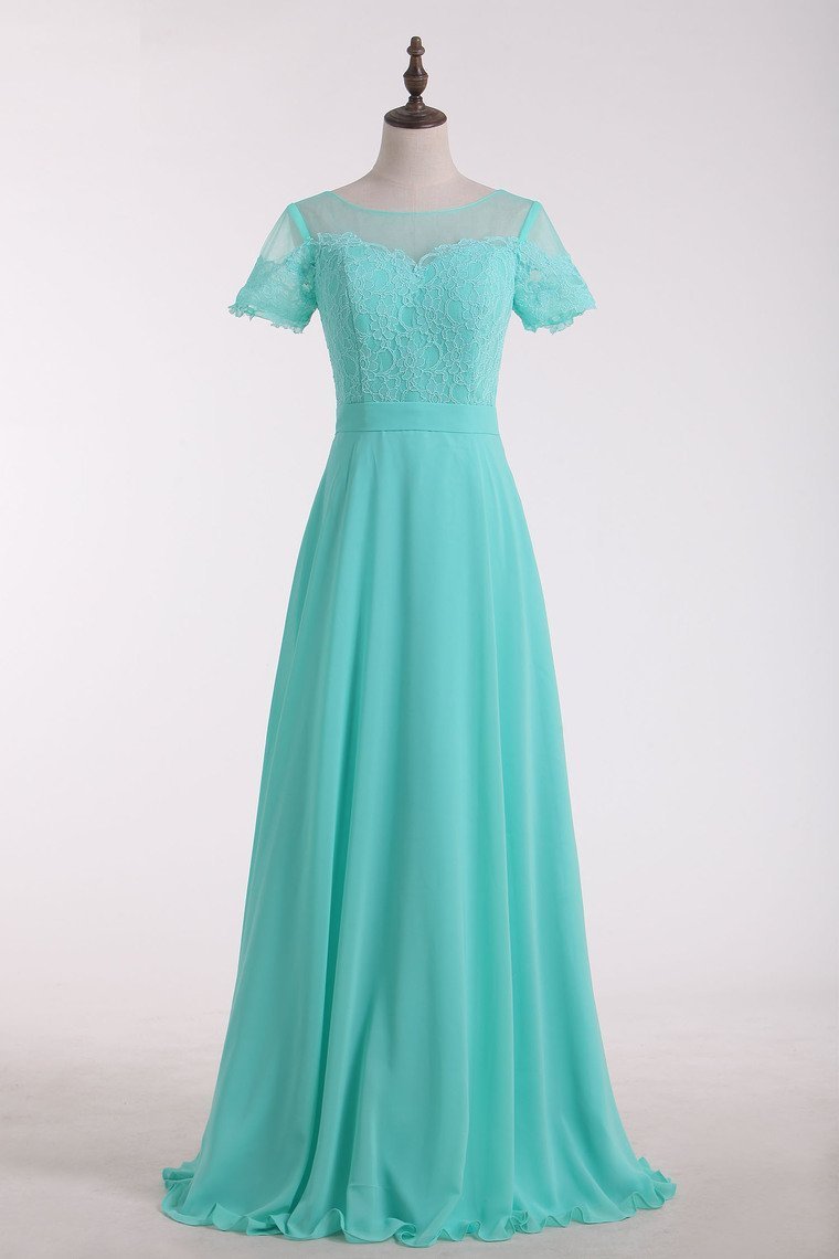 Bridesmaid Dresses Scoop Short Sleeve Chiffon & Lace Floor Length