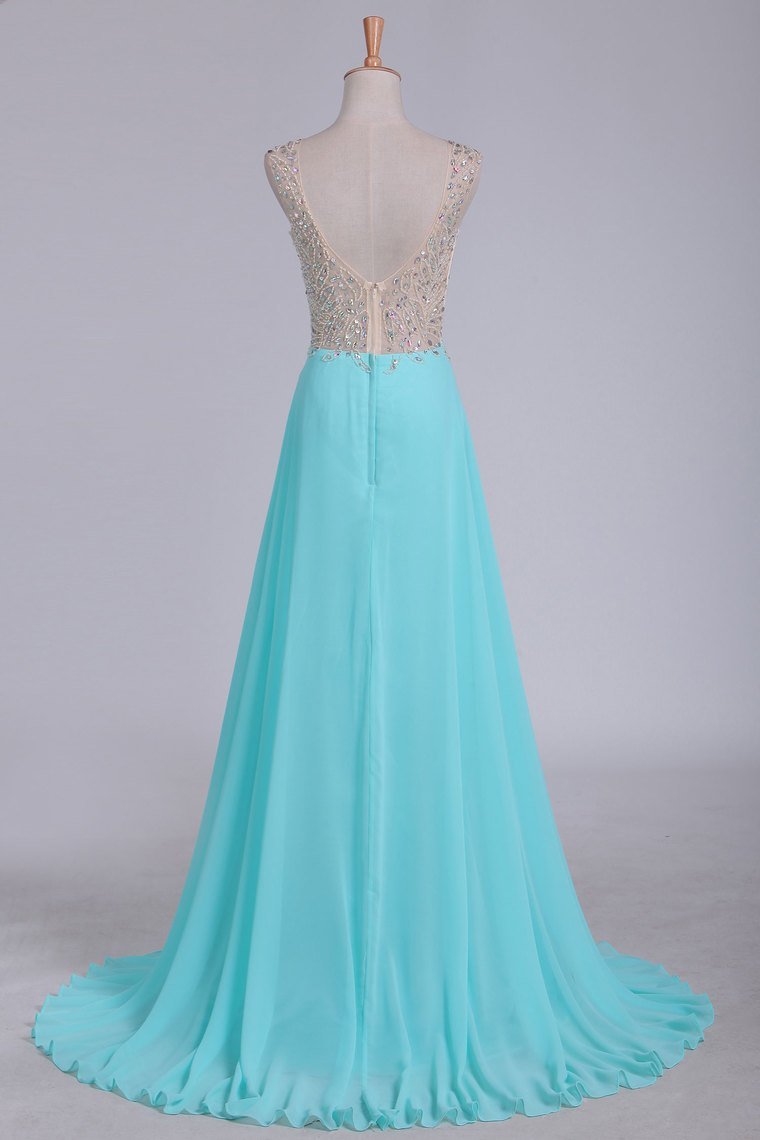 V Neck Beaded Bodice A Line Prom Dresses Chiffon & Tulle Sweep