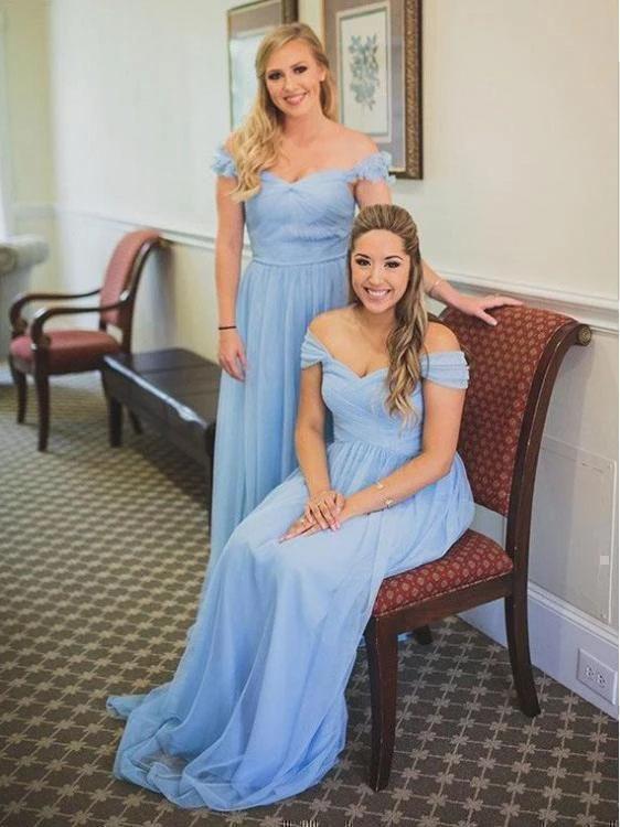 Charming Off the Shoulder Sky Blue Sweetheart Chiffon Wedding Party Dresses, Bridesmaid Dress STC15117