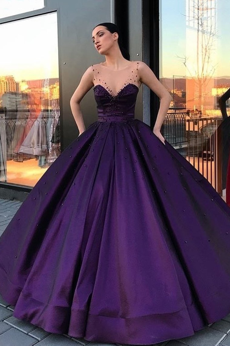 2024 Ball Gown Prom Dresses Scoop Satin With Beads Floor