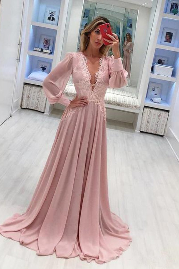 2024 Dusty Rose V-Neck Lace Prom Dresses Long Sleeve Prom Dresses Evening
