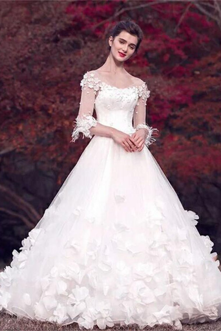 Modest Long Floor Length White Lace Ball Gown Lace Wedding Dresses Bridal
