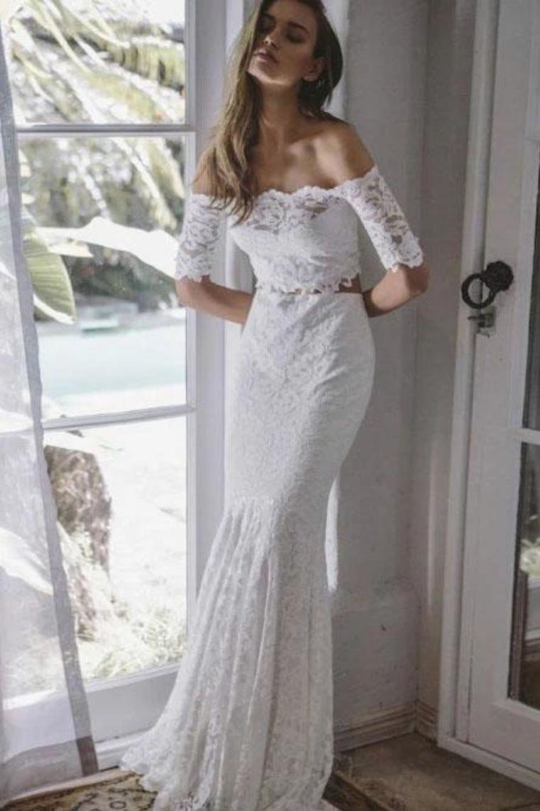 Two Pieces Ivory Lace Mermaid Off The Shoulder Wedding Dresses Beach Wedding STCPY4YB198