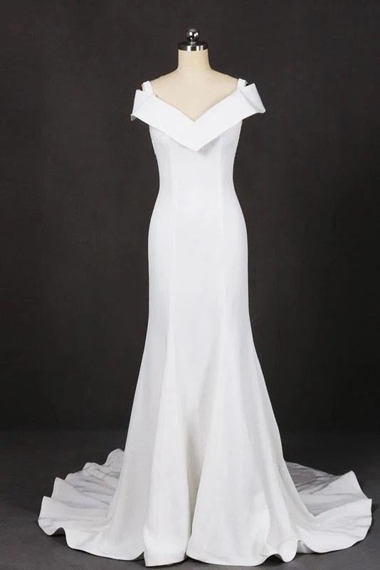 Mermaid V Neck Ivory Simple Wedding Dress, Satin Unique Long Wedding Gowns STC15268